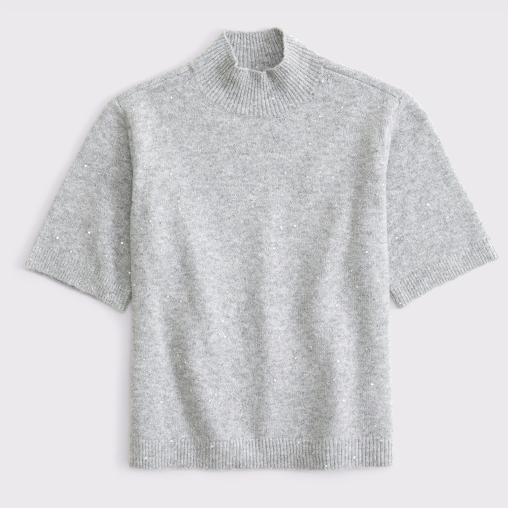 Abercrombie & Fitch Light Grey Sequin Mockneck Sweater Tee - Picture 1 of 8